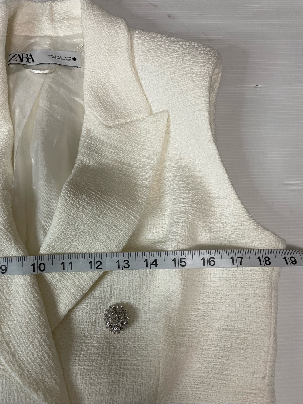 Zara White Tweed Textured Vest Waistcoat Blazer Dress Rhinestone Buttons Size L - Picture 6 of 11